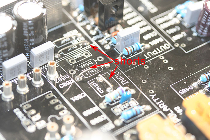 Shorts on a gold PCB.  Your build may or may not have these shorts, refer to the BOM.